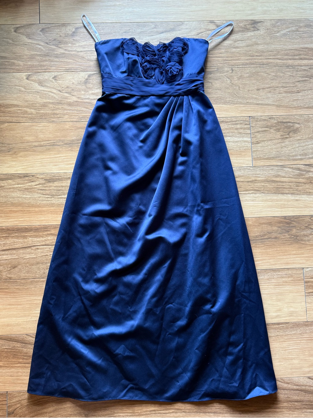 David’s Bridal Navy Satin Bridesmaid Dress Rosette Bodice Empire Waist Size 10